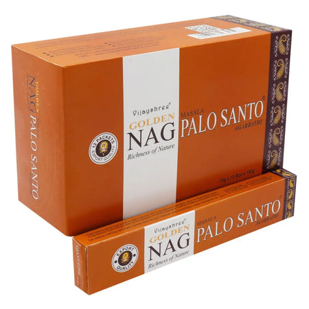 Orange cardboard box of vijayshree golden nag palo santo incense sticks 15g with natural aromatic wood scent