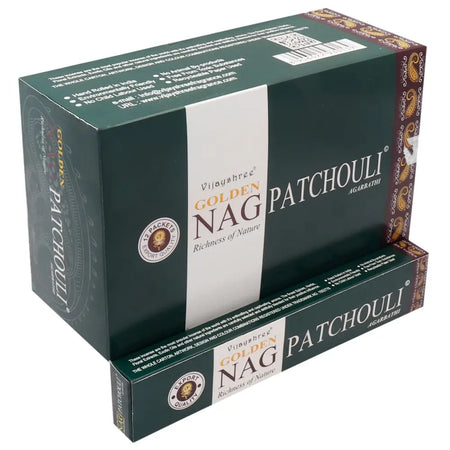 Dark green cardboard box with gold and white text for vijayshree golden nag patchouli agarbathi incense sticks 15g