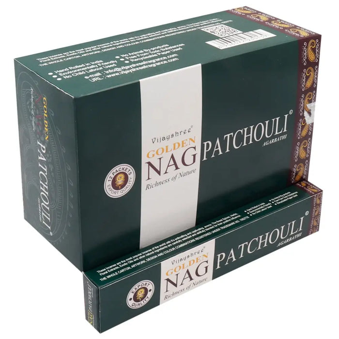 Dark green cardboard box with gold and white text for vijayshree golden nag patchouli agarbathi incense sticks 15g