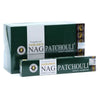 Dark green rectangular box of vijayshree golden nag patchouli masala incense sticks 15g for aromatic use
