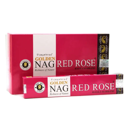 Vijayshree golden nag red rose masala incense sticks in vibrant pink packaging with gold and black accents 15g