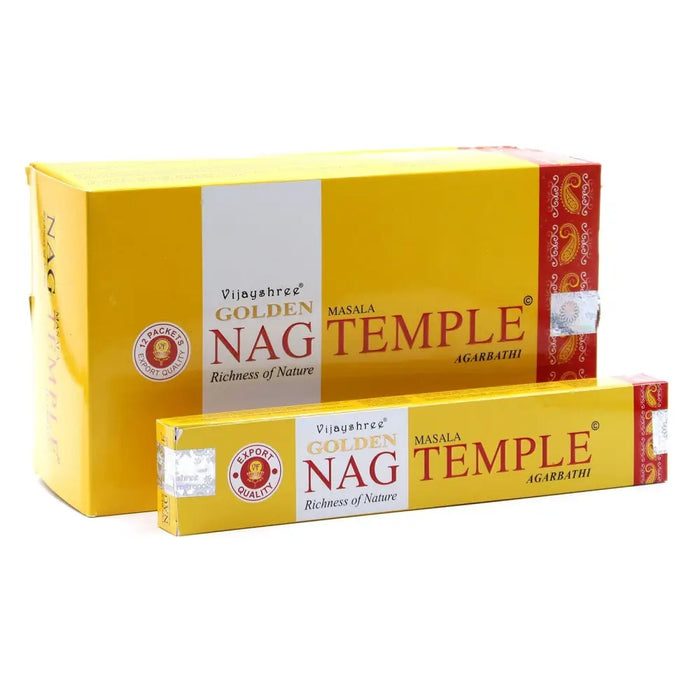 Vijayashree golden nag temple masala incense sticks in a yellow and red box with intricate paisley designs, 15g