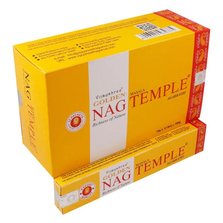 Vijayshree golden nag temple incense sticks in a yellow box with red and white accents weighing 15 grams