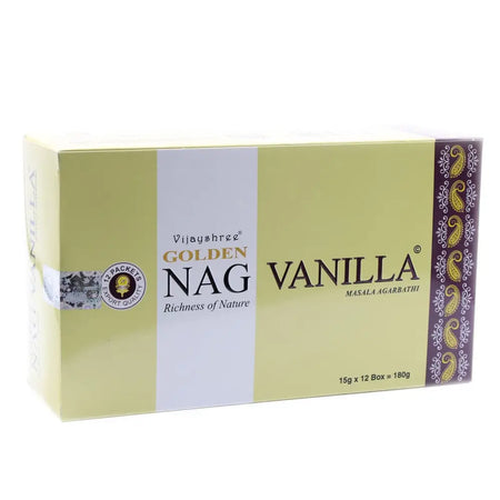Vijayshree golden nag vanilla masala incense sticks in a light green box with white and purple paisley borders