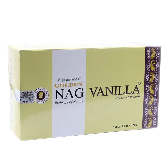 Vijayshree golden nag vanilla masala incense sticks in a light green box with white and purple paisley borders