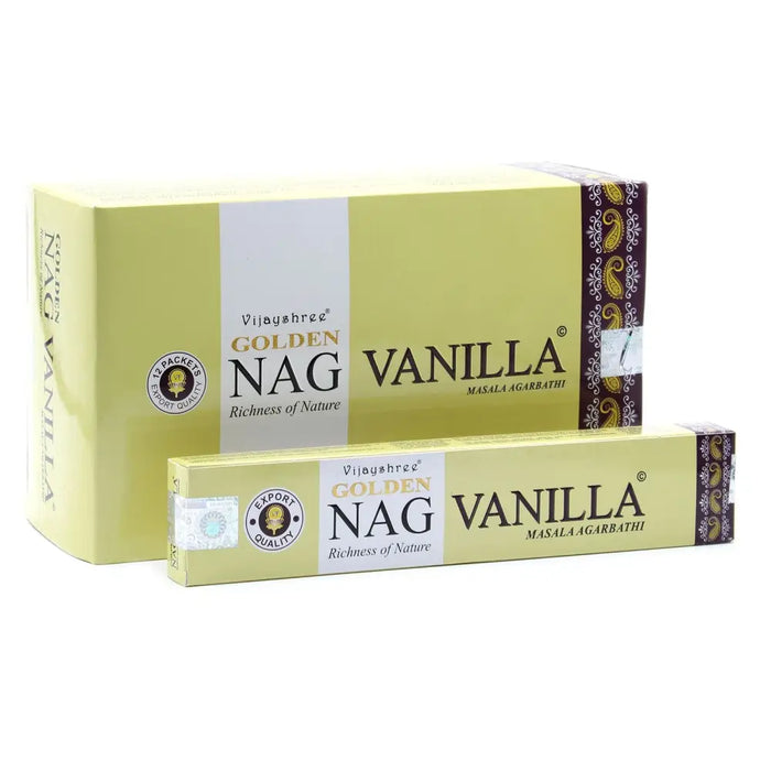 Light green rectangular box of vijayshree golden nag vanilla masala incense sticks 15g containing agarbathi sticks