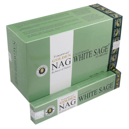 Green and white rectangular box of vijayshree golden nag incense sticks with california white sage 15g packaging