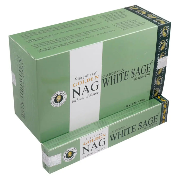 Green and white rectangular box of vijayshree golden nag incense sticks with california white sage 15g packaging