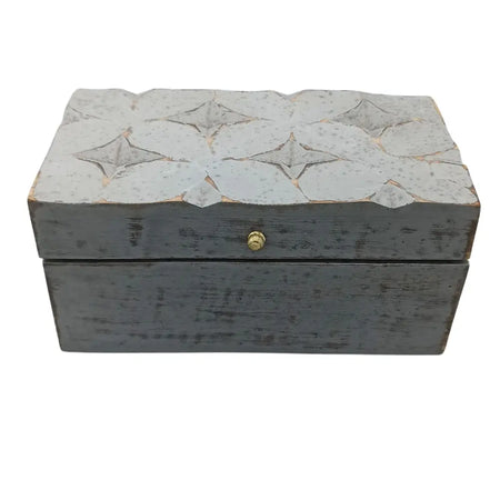 Vintage deco multi purpose box in grey distressed wood with a white star patterned lid and gold toned knob