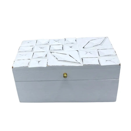 White vintage deco multi-purpose storage box with quilted geometric lid and gold knob for office supplies organization