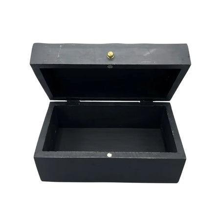 Black rectangular vintage deco wooden box with black swirls and gold-colored latch and hinges