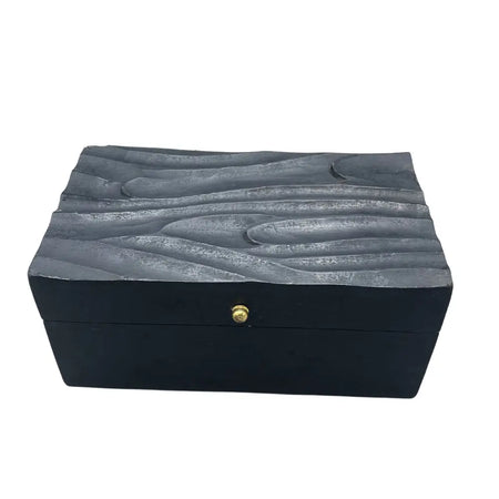 Black wooden box with vintage deco style black swirls texture and gold clasp for multi-purpose use