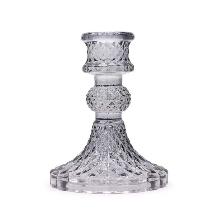 Clear crystal vintage dinner candle holder with diamond-cut patterns and fluted base for candles in midnight grey
