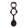 Dark brown hand-carved wooden welsh love spoon with two circular cutouts and decorative notches h17cm 5cm max spoon
