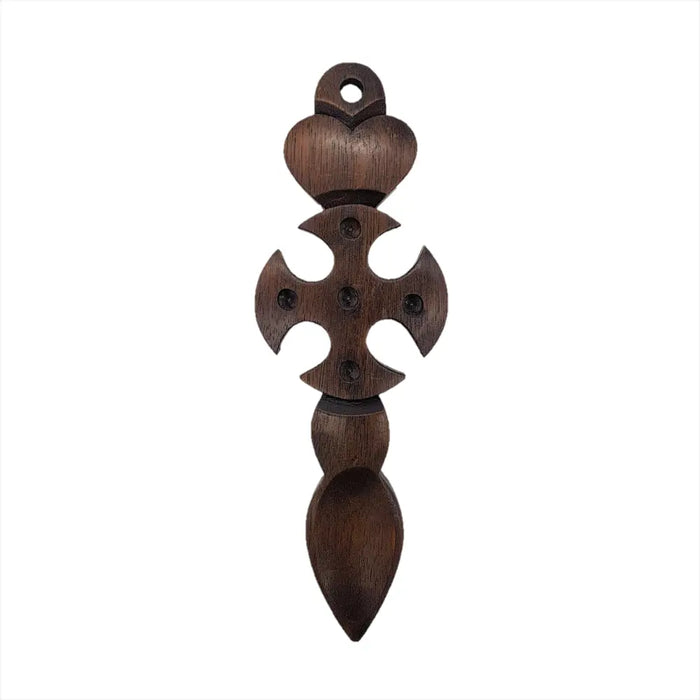 Dark brown wooden welsh love spoon with decorative cross handle and heart motif h17cm 5cm max spoon handcrafted