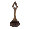 A dark brown wooden welsh love spoon with a heart-shaped cutout handle h17cm and 5cm max spoon width