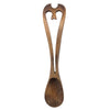 A hand carved welsh love spoon with a medium brown finish and ornate heart cutouts h17cm 5cm max spoon