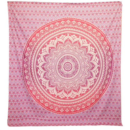 A vibrant pink and white umrao mandala tapestry with layered floral patterns for wall hangings or beach spreads