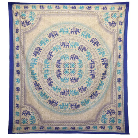 A cream square wall hanging with blue and teal elephant mandala patterns and a deep blue border for beach spreads