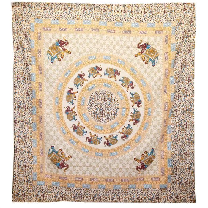 A cream wall hanging tapestry with a brown orange elephant mandala design, suitable as a beach spread or decor