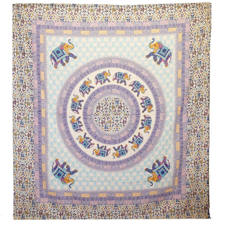A light blue and purple cotton wall hanging with an elephant mandala design ideal for beach spreads or decor