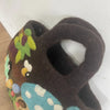 Brown felted bag with colorful embroidered flowers bees and mushrooms inspired by fairy garden theme