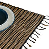 Natural woven water hyacinth placemat with black tiger striped pattern and fringed edges in brown and tan colors