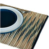 Natural woven placemat with blue waves stripe pattern made from water hyacinth in beige and navy blue colors