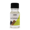 A clear glass bottle of 10ml ancient wisdom watermelon fragrance oil with allergen declarations and green woods scent