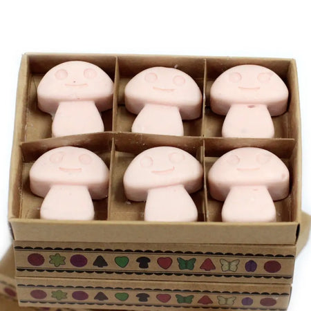 A box of six pink mushroom-shaped palm waxes wax melts scented with dark sandalwood in a cardboard container
