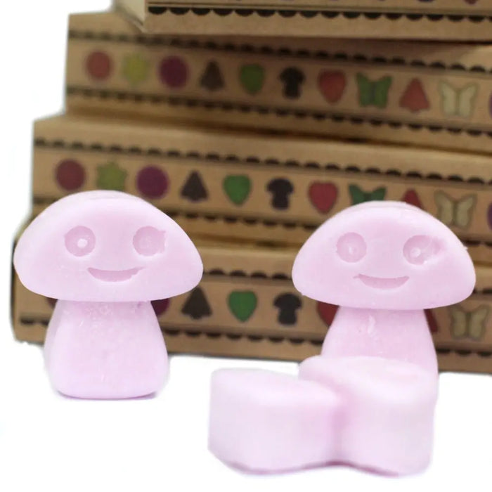 Pink mushroom-shaped wax melts with smiling face made from palm waxes in a box of 6 ylang ylang scent