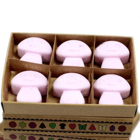 Pink mushroom-shaped wax melts made from palm waxes in a cardboard box ylang ylang scent box of 6