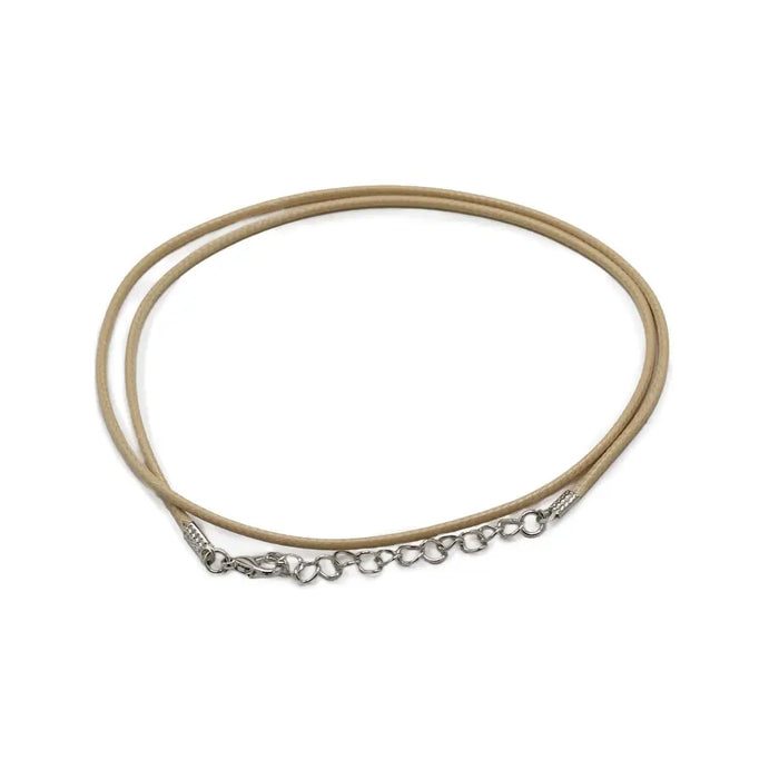 Beige waxed pendant cord made of leather with a silver-toned chain clasp and 2mm thickness in tan color