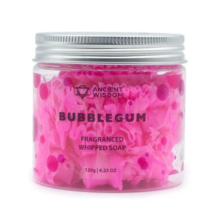 A vibrant pink fluffy whipped soap in a clear jar with a silver lid labeled bubblegum 120g