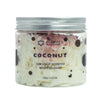 Ancient wisdom whipped soap coconut in a clear jar with black polka dots and silver lid 120g container