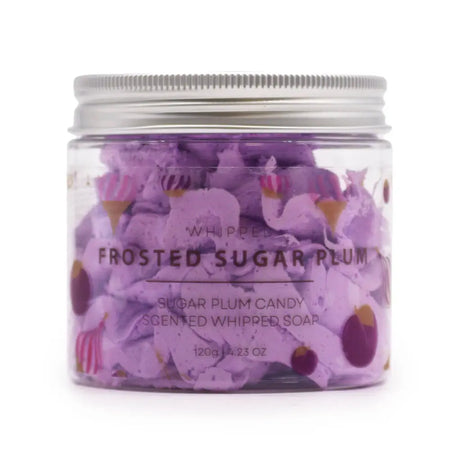 A clear glass jar with a silver lid holds purple whipped soap shaped like frosted sugar plum candy weighing 120g