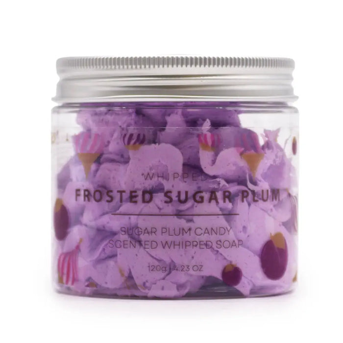 A clear glass jar with a silver lid holds purple whipped soap shaped like frosted sugar plum candy weighing 120g