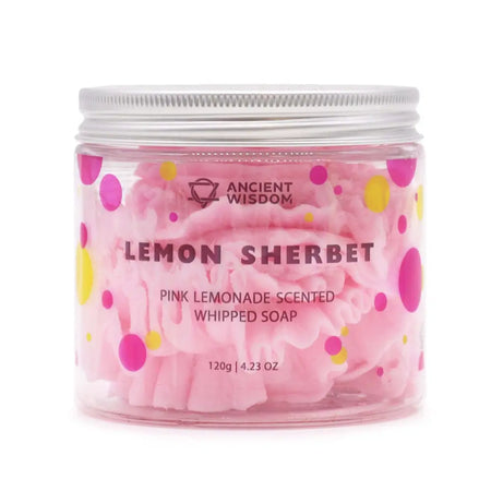 Whipped soap pink lemonade in a clear jar with colorful polka dots and a silver lid weighing 120 grams