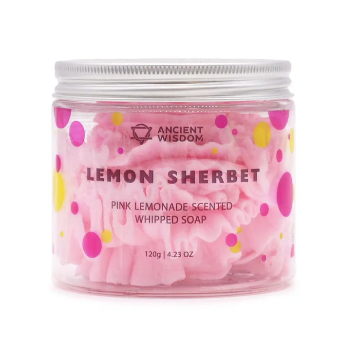 Whipped soap pink lemonade in a clear jar with colorful polka dots and a silver lid weighing 120 grams