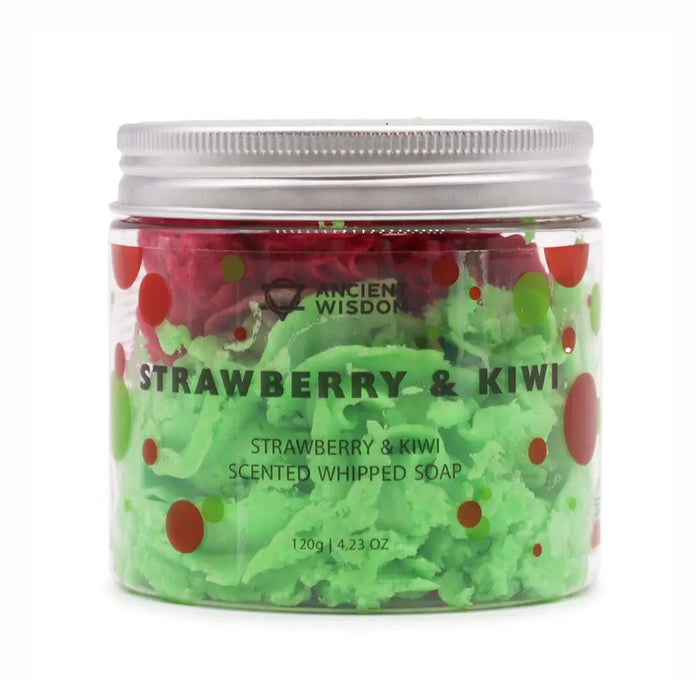 A clear jar with a silver lid holds whipped soap with green and red strawberry and kiwi swirls inside weighing 120g