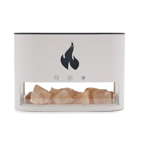 White blaze aroma diffuser with usb-c, black flame logo, clear tray, and pink himalayan salt chunks in salt chamber