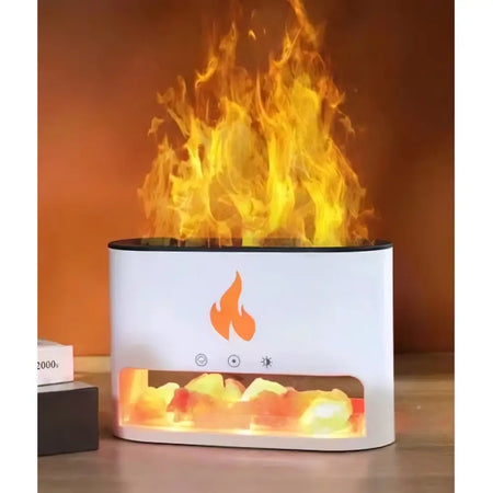 White blaze aroma diffuser with usb-c, electric flame effect, and glowing orange himalayan salt chamber inside