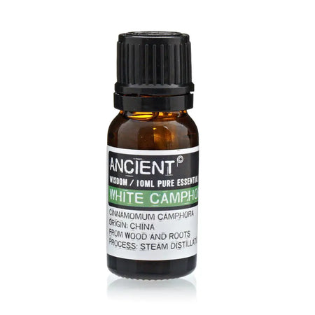 A small amber glass bottle with black cap and white label showing ancient wisdom white camphor essential oil 10ml