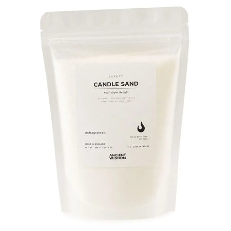 A white resealable pouch of unfragranced white candle sand for diy wax melting and pouring weighing 300g