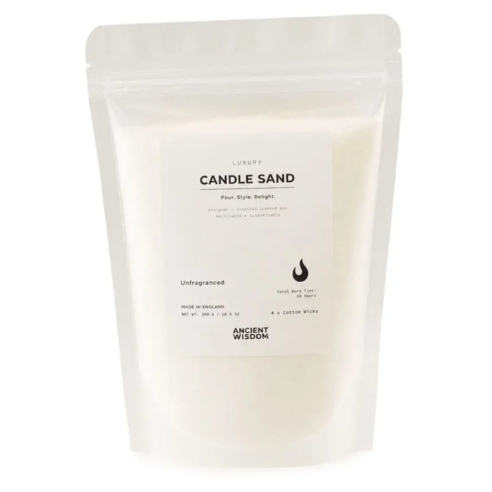 A white resealable pouch of unfragranced white candle sand for diy wax melting and pouring weighing 300g