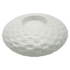 White ceramic tealight holder with a textured woven pattern and a central circular well for a candle