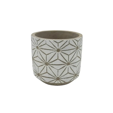 White ceramic plant pot with gray geometric starburst pattern and rustic textured finish