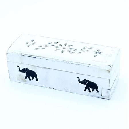 White-washed mango wood incense holder box with black elephant silhouettes and decorative cut-out patterns