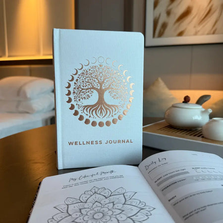 White wellness journal with a textured cover, rose gold tree of life design, moon phases, and wellness journey focus