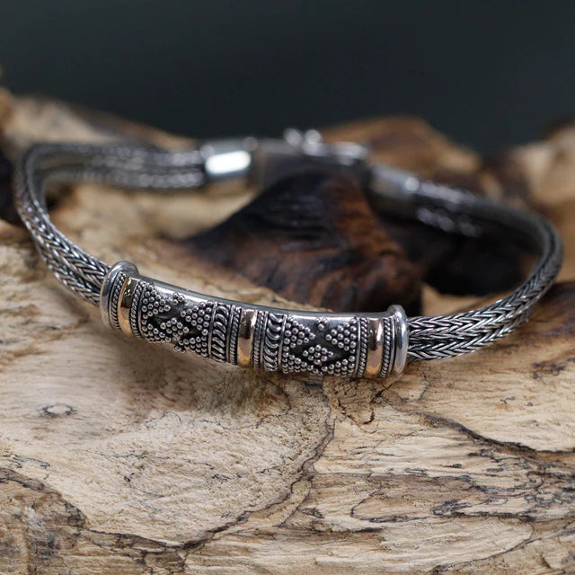 Armband aus Sterlingsilber & 18 Karat Gold – Zwillingskette, Rautenmuster